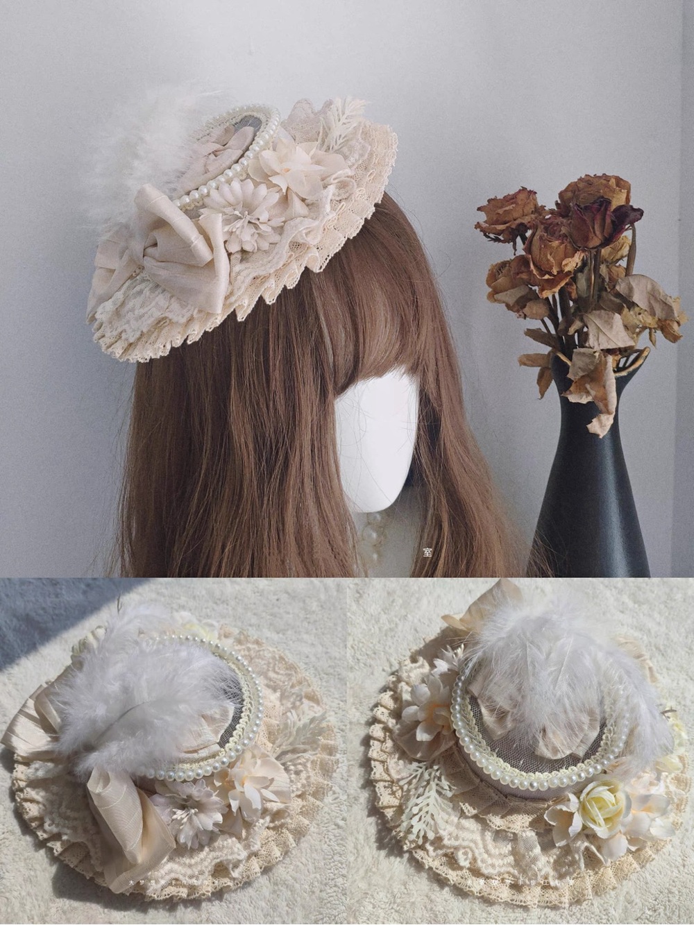 Vintage Cream Lace Floral Mini Hat with Pearls and Feathers - Picture 1 of 3